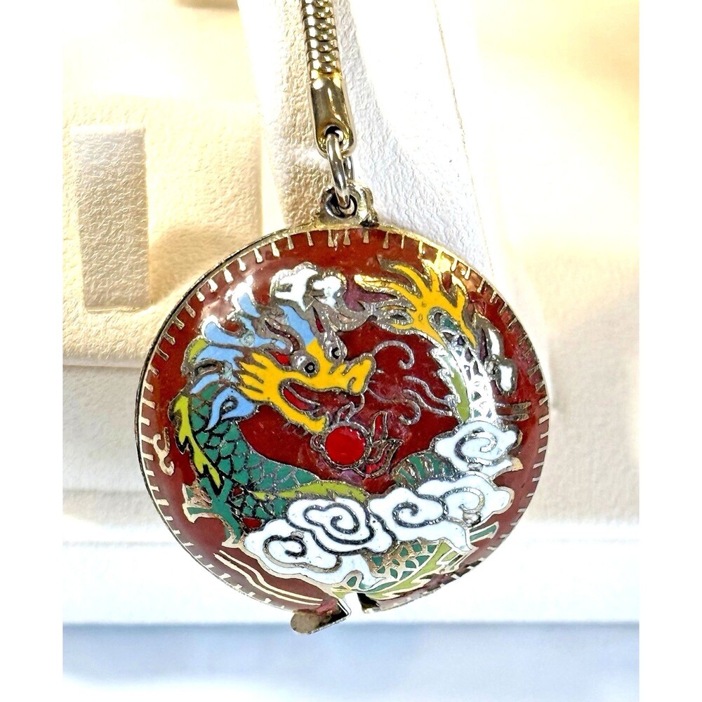 Vintage Chinese Cloisonné Retractable Tape Measure Enamel Dragon Keychain